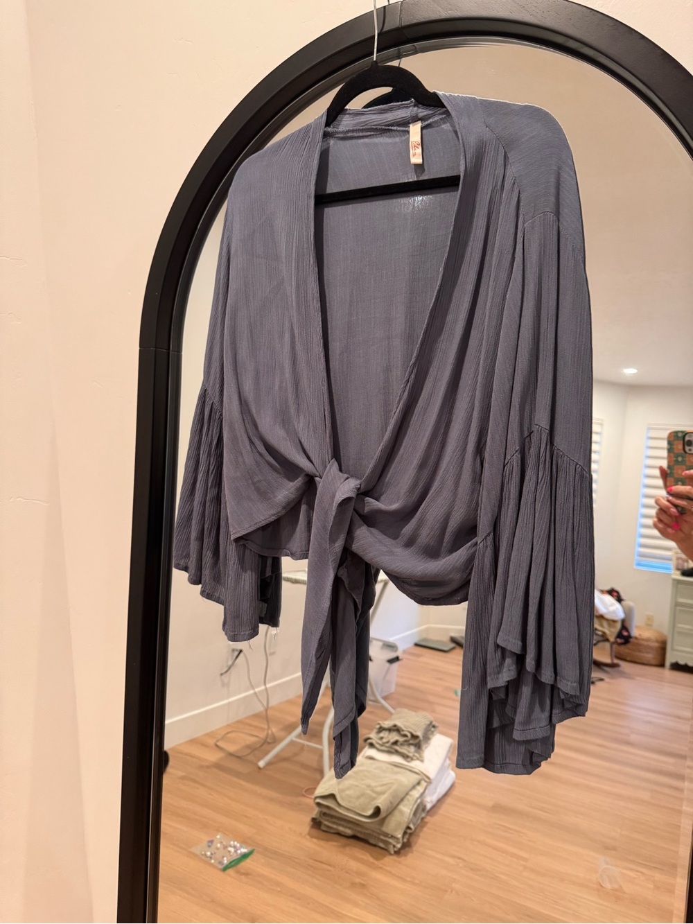 Elan Slate Blue Tie-Front Flowy Blouse